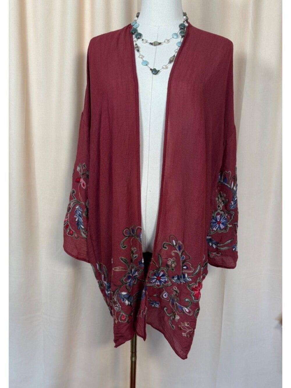 Floral Embroidered Long-Sleeve Kimono One Size Lightweight Boho Festival Summer